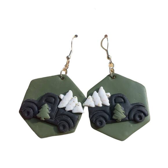 Christmas Pick-up Truck Earrings with White Tree - Polymer Clay, Handmade - Picture 1 of 4